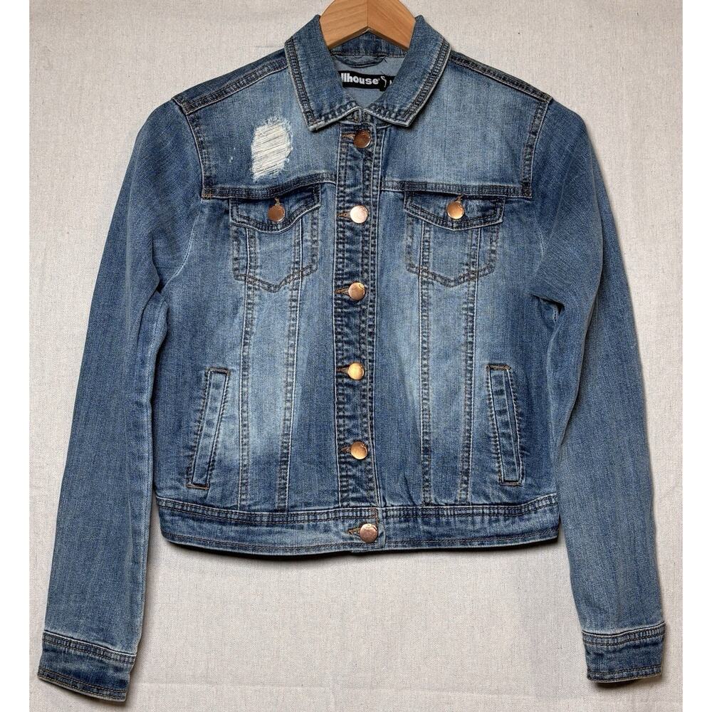 Dollhouse Distressed Trucker Jacket Blue Womens Sz‎ M Copper Buttons Collared